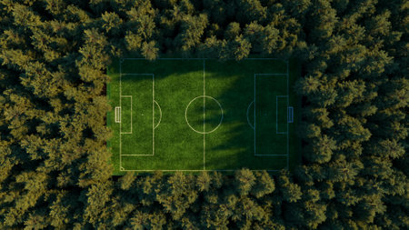 Football field in the middle of the forest top view. Simulated aerial photography. Realistic 3d illustrationの写真素材