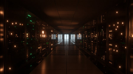 Big data servers. Data Solutions. Server room with working flickering panels behind the glass. Data...