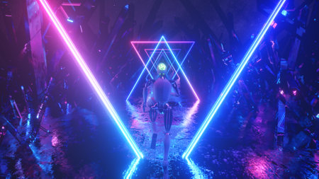 Robot running in abstract outer space along neon geometric shapes and crystals. 3d illustrationの写真素材