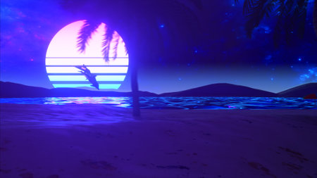 Retro 80s style. Fly endlessly over the digital ocean. Dolphins are jumping over the water. Colorful...