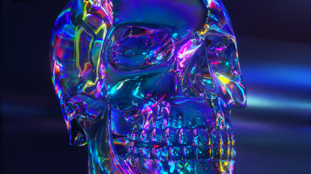 Human skull reflective background environment. Colorful iridescent neon spectrum. 3d illustration