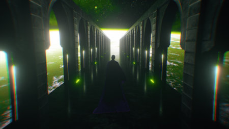 A man dressed in cloth walking down a space sci fi corridor with neon lighting. Let the planet...