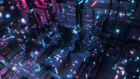 Abstract big data transfer. Binary processing is handled by the computer motherboard. Futuristic processing of server code. Blue technology background with bokeh. 3d illustrationの写真素材