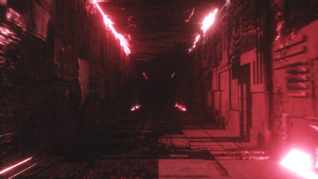 Endless flight in a futuristic metal corridor with neon lighting. Technology and future concept....