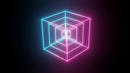 Rotating glowing neon cube, fluorescent ultraviolet light, abstract 3d illustration geometric backgroundの写真素材