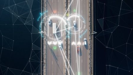 4k aerial view of driverless or autonomous car. Traffic passing by a highway. Plate number, speed...