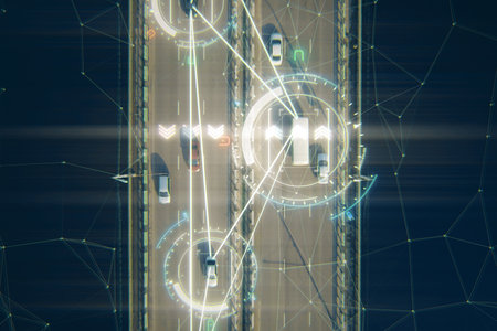 4k aerial view of driverless or autonomous car. Traffic passing by a highway. Plate number, speed...