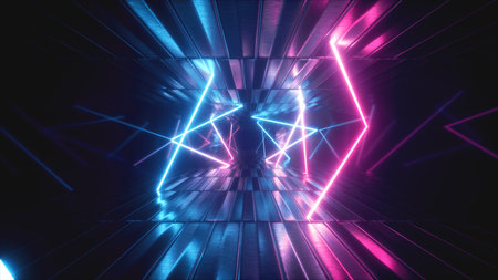 3d illustration, abstract metallic texture virtual reality tunnel. Futuristic motion graphic....