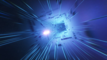 3d illustration background movement in an abstract futuristic neon tunnel, fluorescent ultraviolet...