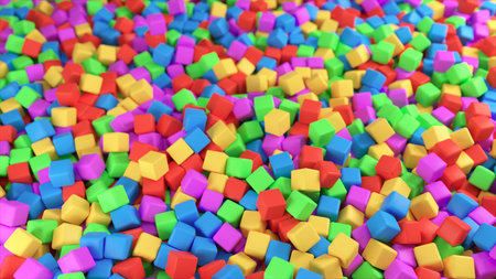 Colorful 3D illustration from a pile of abstract multicolored cubes rolling and falling from top to...