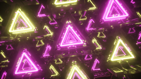 Abstract flying in metal futuristic corridor with triangles, fluorescent ultraviolet light, laser neon lines, geometric endless tunnel, yellow pink spectrum, 3d illustrationの写真素材