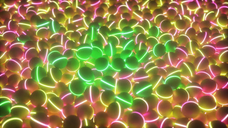3D illustration of a pile of abstract neon ultraviolet colorful glow spheres and balls, rolling and...