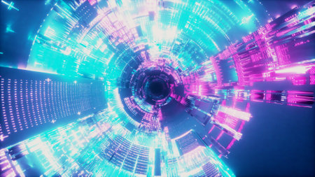 Flying into spaceship tunnel, sci-fi spaceship corridor. Futuristic technology abstract seamless VJ...