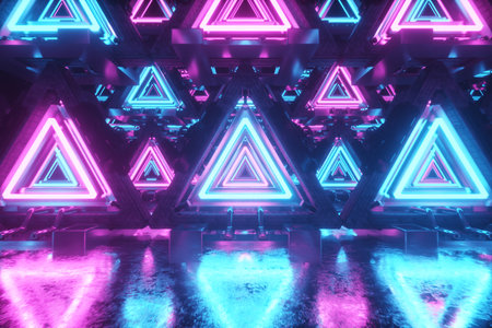 Abstract flying in futuristic metal corridor with triangles, seamless loop 4k background,...
