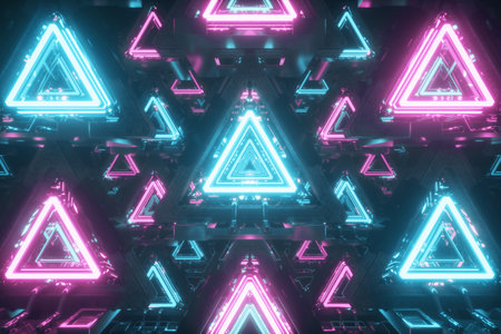 Abstract flying in futuristic metal corridor with triangles, fluorescent ultraviolet light, laser...