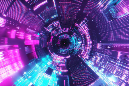Flying into spaceship tunnel, sci-fi spaceship corridor. Futuristic technology abstract seamless VJ modern ultraviolet neon spectrum. Motion graphic for internet, speed. 3d illustrationの写真素材