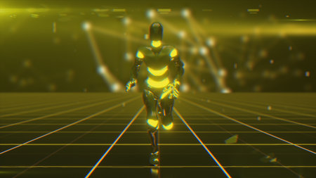 A futuristic humanoid robot, running through a sci-fi grid surface. 3d illustrationの写真素材