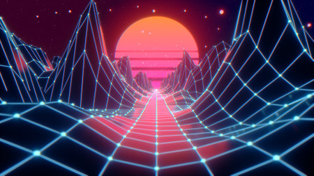 Retro futuristic flight in space with a polygonal mesh on the generated hills and floor. Concept 80s...