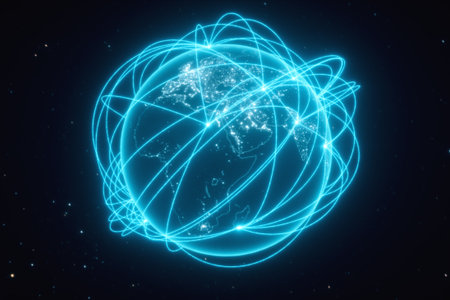 World connections with city lights. Blue. Earth globe. Spinning Earth with light lines growing from...