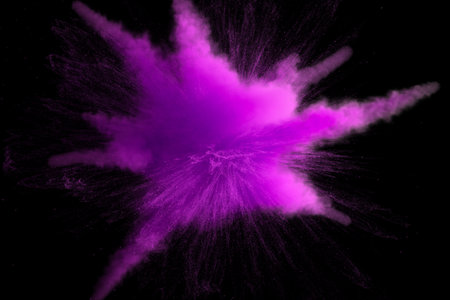 3d illustration of purple colored powder explosion isolated on black background.