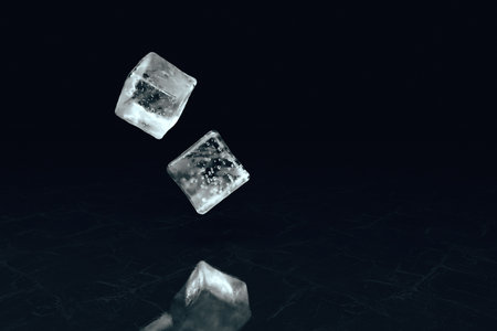 Two falling ice cubes on a textural surface in slow motion. 3d illustration