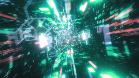 Flying in the chaotic technological futuristic space tunnel. Animation for music videos, nightclubs,...