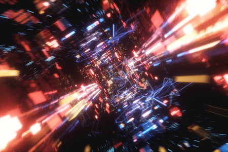 Flying in the chaotic technological futuristic space tunnel. Animation for music videos, nightclubs,...
