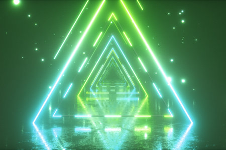 Flying through glowing neon triangles with metal floor creating a tunnel with fog, blue green...