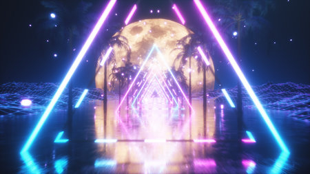 80's Abstract retro futuristic background. 3d illustration with ultraviolet neon triangle modern...