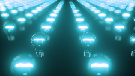 Infinite surface of flashing incandescent bulbs. Blinking lights. 3d illustration