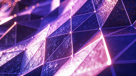 Flying over the landscape of a relief area in a retro futuristic style with a neon grid and luminous...