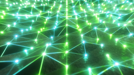 Flying over the landscape of a relief area in a retro futuristic style with a neon grid and luminous...