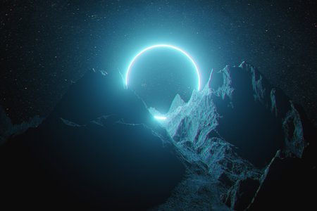 Beautiful minimalistic fantastic landscape. Bright blue neon circle among the mountains against the...