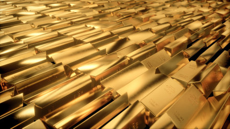 3d illustration of sliding camera view on gold barsの写真素材