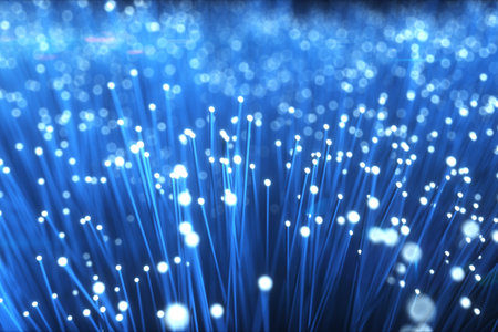 Millions of fiber optic cables transmit signal in a chaotic motion. Red and blue cables 3d...