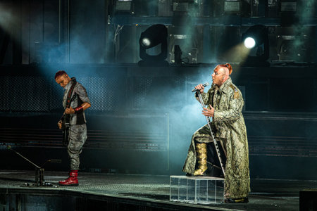 MOSCOW, RUSSIA - JULY 29, 2019: Rammstein group fire concert at Luzhniki Stadium. Crowds of fans...