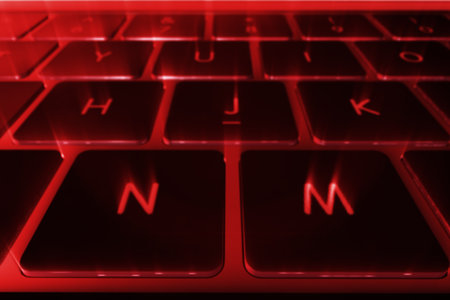 Computer keyboard with blue backlight close up 3d illustration