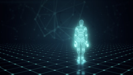 Dancing blue 3D character luminous artificial intelligence from polygons on the floor of the grid on...
