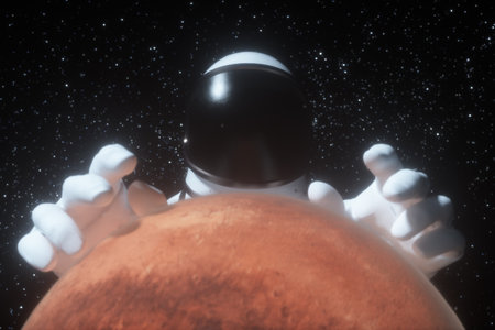 An astronaut stretches his hands behind the planet Mars in outer space against the background of the stars. Concept of space exploration and planets. 3d illustrationの写真素材