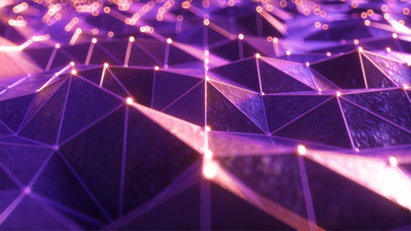 Flying over the landscape of a relief area in a retro futuristic style with a neon grid and luminous...