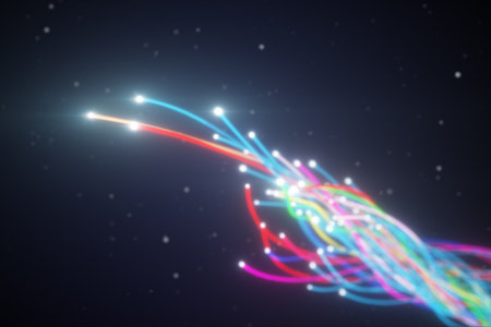 Spreading multi colored fiber wires in space. Camera movement for wires. The concept of distribution...