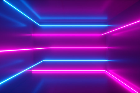 Abstract background, moving neon rays, luminous lines inside the room, fluorescent ultraviolet light, blue red pink violet spectrum, 3d illustrationの写真素材