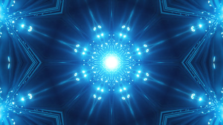 VJ Fractal blue kaleidoscopic background.Background blue motion with fractal design on black background. Disco spectrum lights concert spot bulb. Light Tunnel. 3d illustrationの写真素材