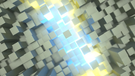 Abstract technology background for business presentations. Randomly moving cubes. Bright neon glow...