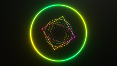 Infinity flight inside tunnel, neon light abstract background, round arcade, portal, rings, circles,...