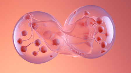 Two large transparent cells, many small pink ones inside. Cell division.の素材
