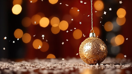 Christmas golden layer with gold stars. On a red blurred background.の素材