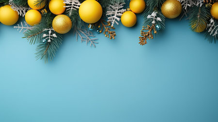 Yellow Christmas layers with green branches. On a blue background.の素材