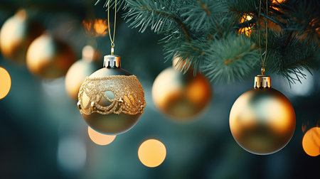 Christmas gold layers concept with golden branch. On a green background.の素材