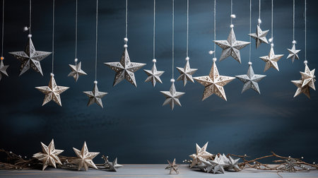 Christmas garland of silver and gold stars. On a gray background.の素材